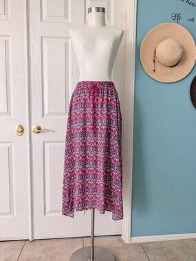 Hollister Womens Midi Skirt S Pink Blue Boho Festival Handkerchief Skirt Tassels